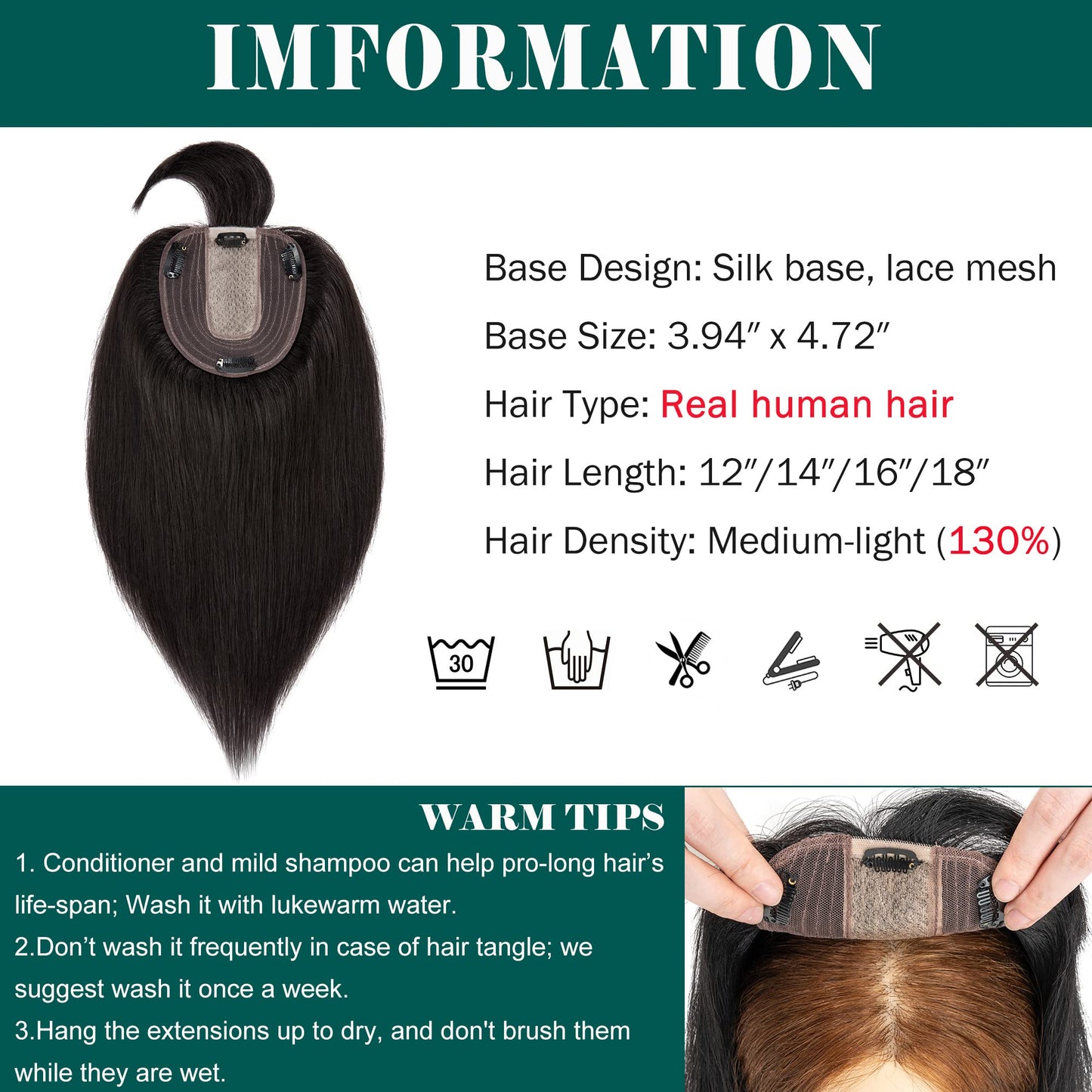 S-noilite 130% Density Human Hair Toppers with Bangs Hand Tied Silk Base Clip In Topper Top Hair Pieces For Women with Thinning Hair/Hair Loss Cover Gray Hair 10Inch 35g-Natural Black