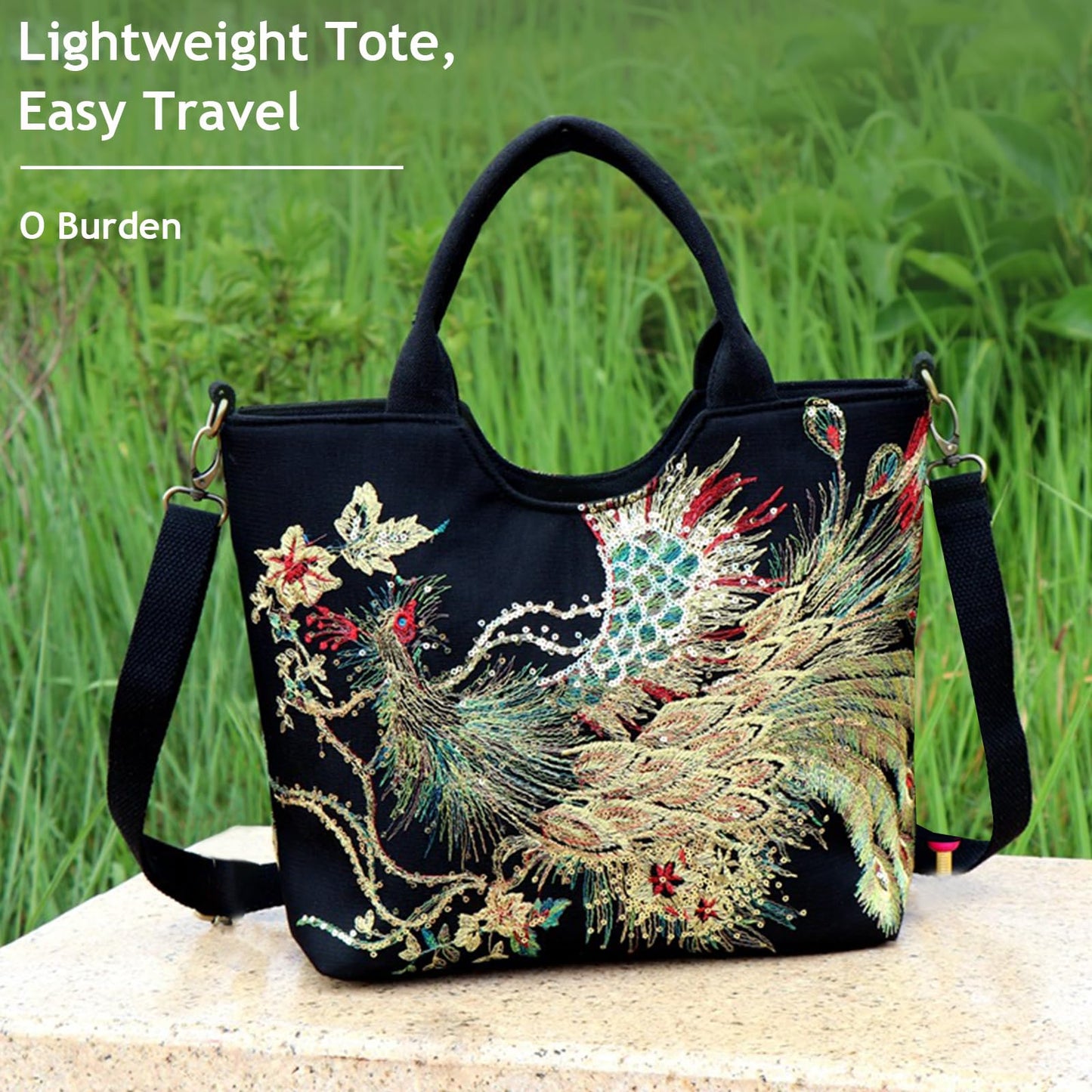 Jursccu Small Tote Handbag Sequins Embroidery Crossbody Bags for Women Casual Shoulder Bags (Black)