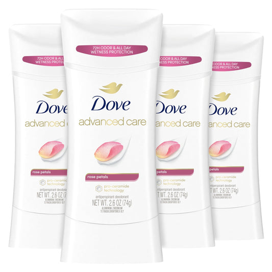 Dove Advanced Care Antiperspirant Deodorant Stick Rose Petals 4 Count for after shave care for underarms 72 hour odor control with all-day sweat protection stick for soft underarms 2.6 oz