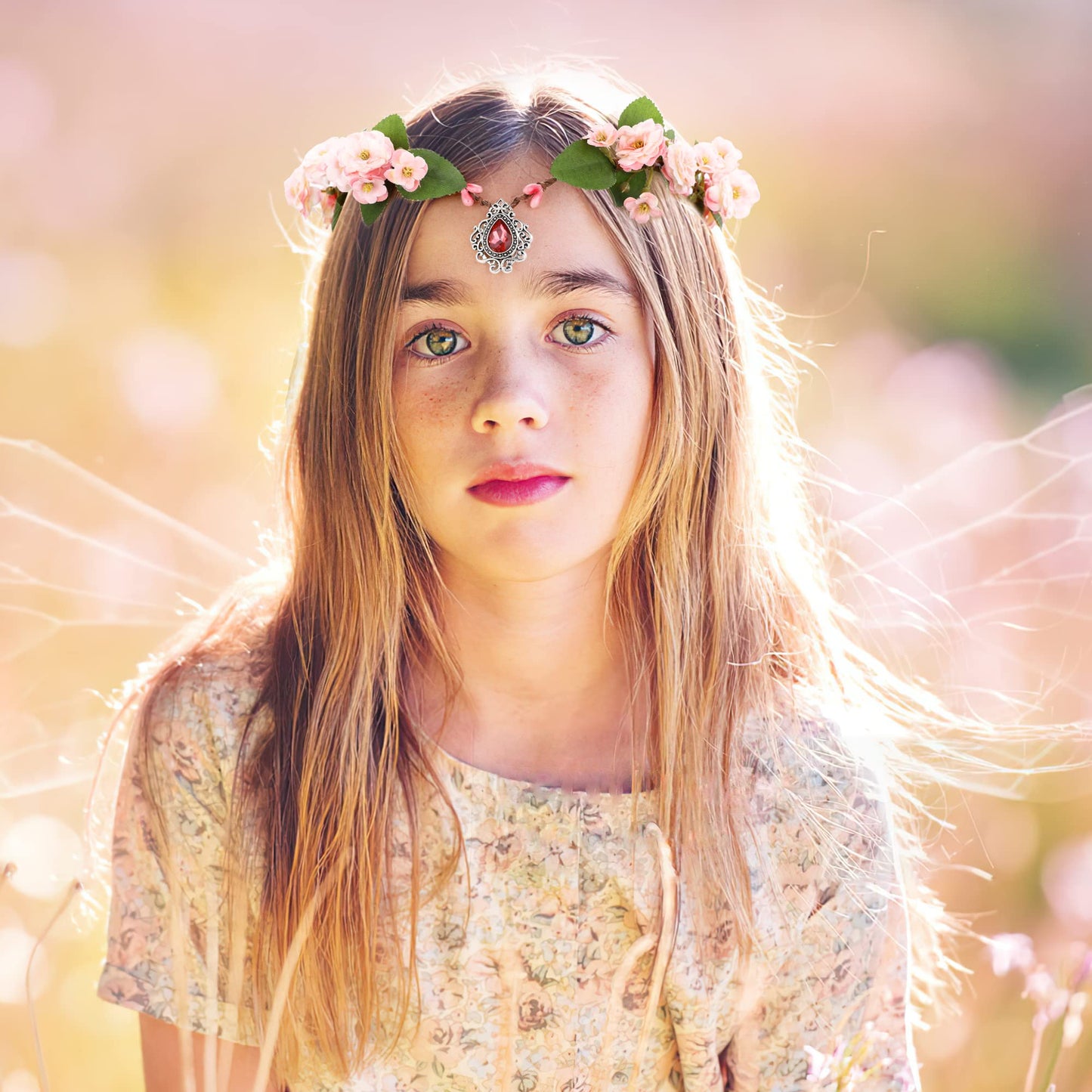 MOSTORY Pink Elf Flower Crown - Handmade Fairy Floral Headband Woodland Circlet Forest Tiara for Women Renaissance Renfaire Halloween Cosplay Photo Shoot