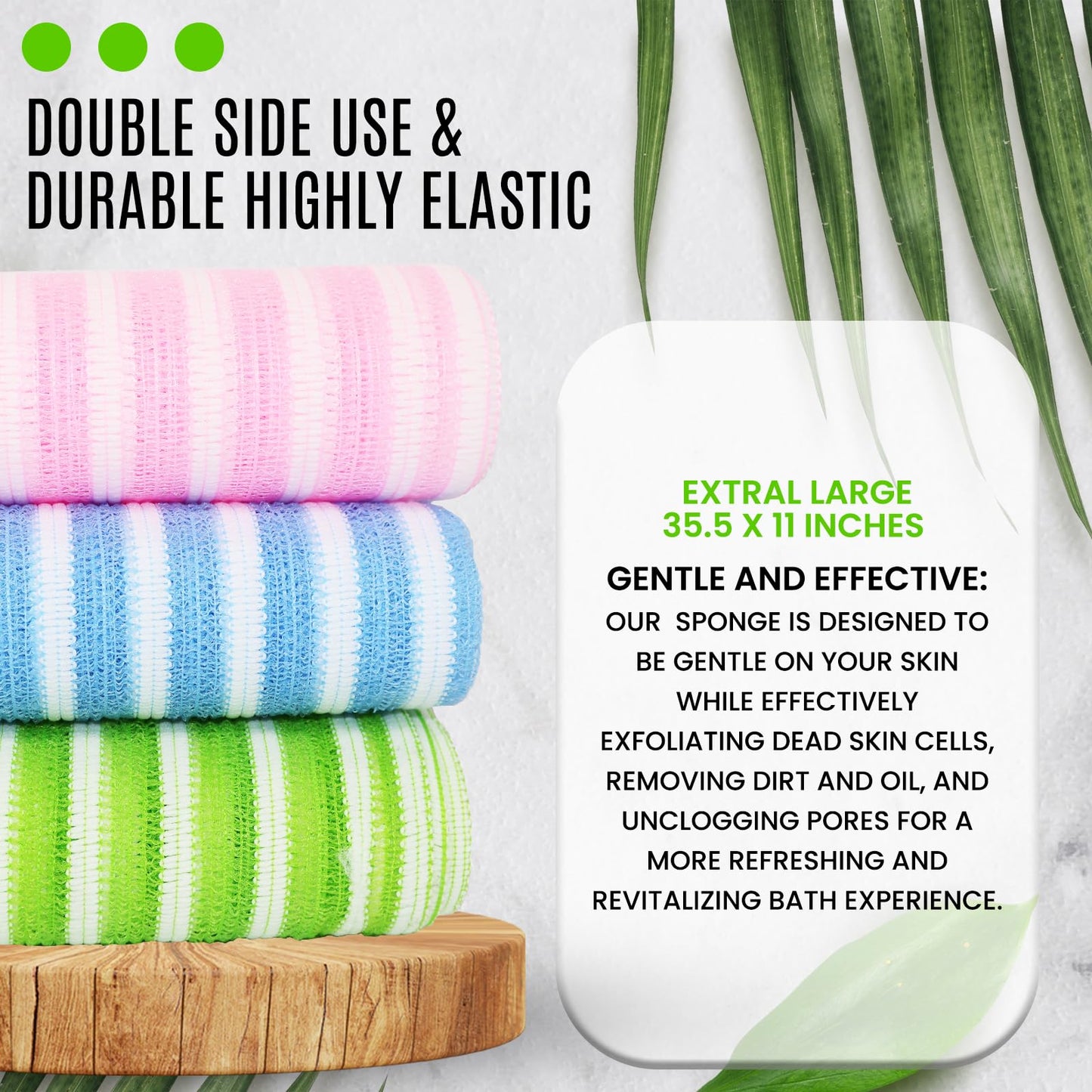Exfoliating Back Scrubber Bath Wash Cloths - 35.5 x 11 inches Pack of 3 - Pink(Soft),Blue(Medium), Green(Frim) - Elastic, Durable and Gentle Body Scrub Cloth for Effective Cleaning - Korea Made