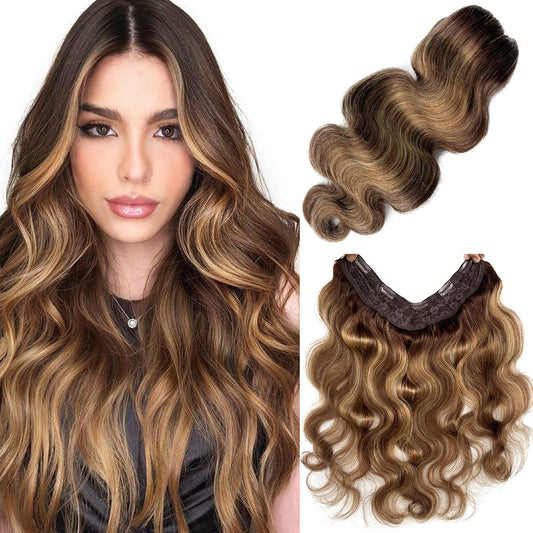 Clip in Hair Extensions,20 Inch Ombre Brown Balayage Caramel Blonde Hair Extensions Body Wave Clip in Hair Extensions Real Human Hair Clip ins Extensions Double Weft Hair Extensions for Thin Hair