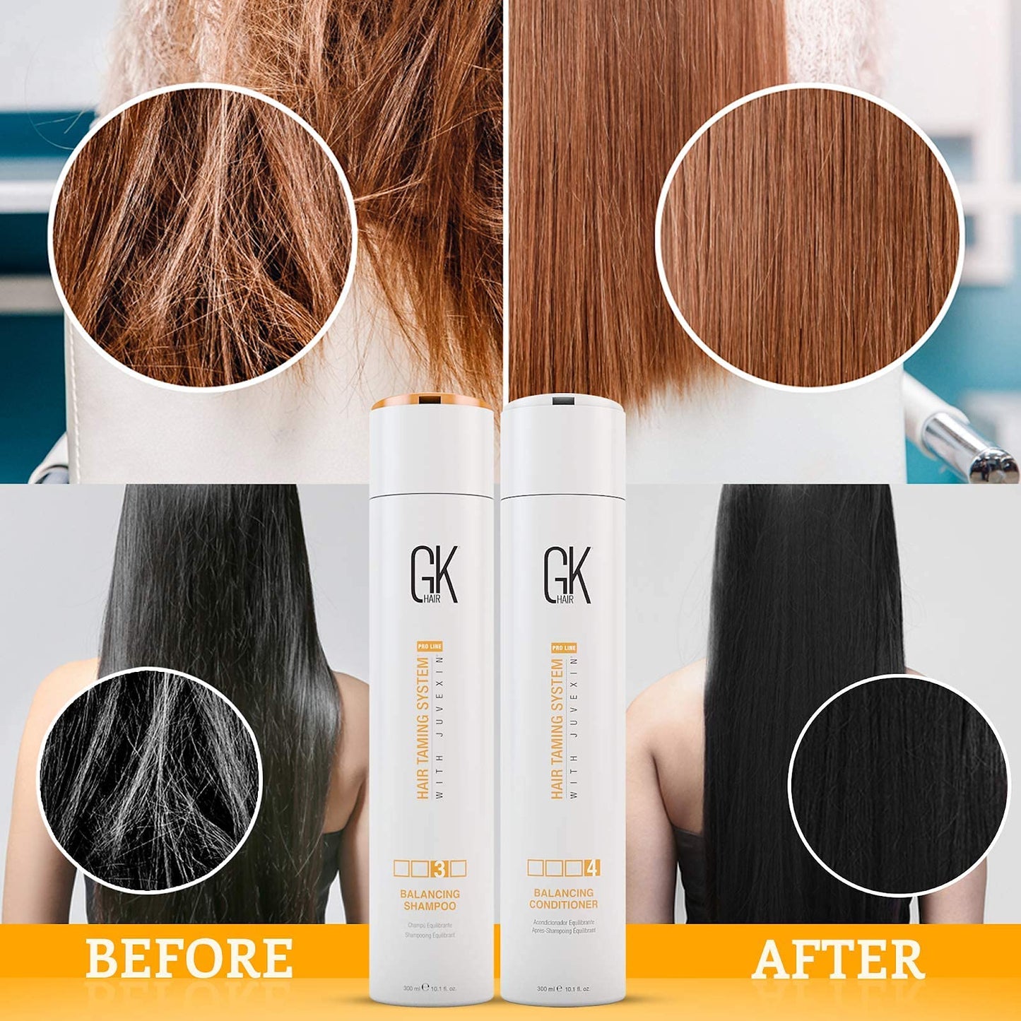 GK Hair Global Keratin Balancing Shampoo and Conditioner 300ml Set & Leave in Conditioner Cream 130ml For Detangling Smoothing Strengthening Moisturizing