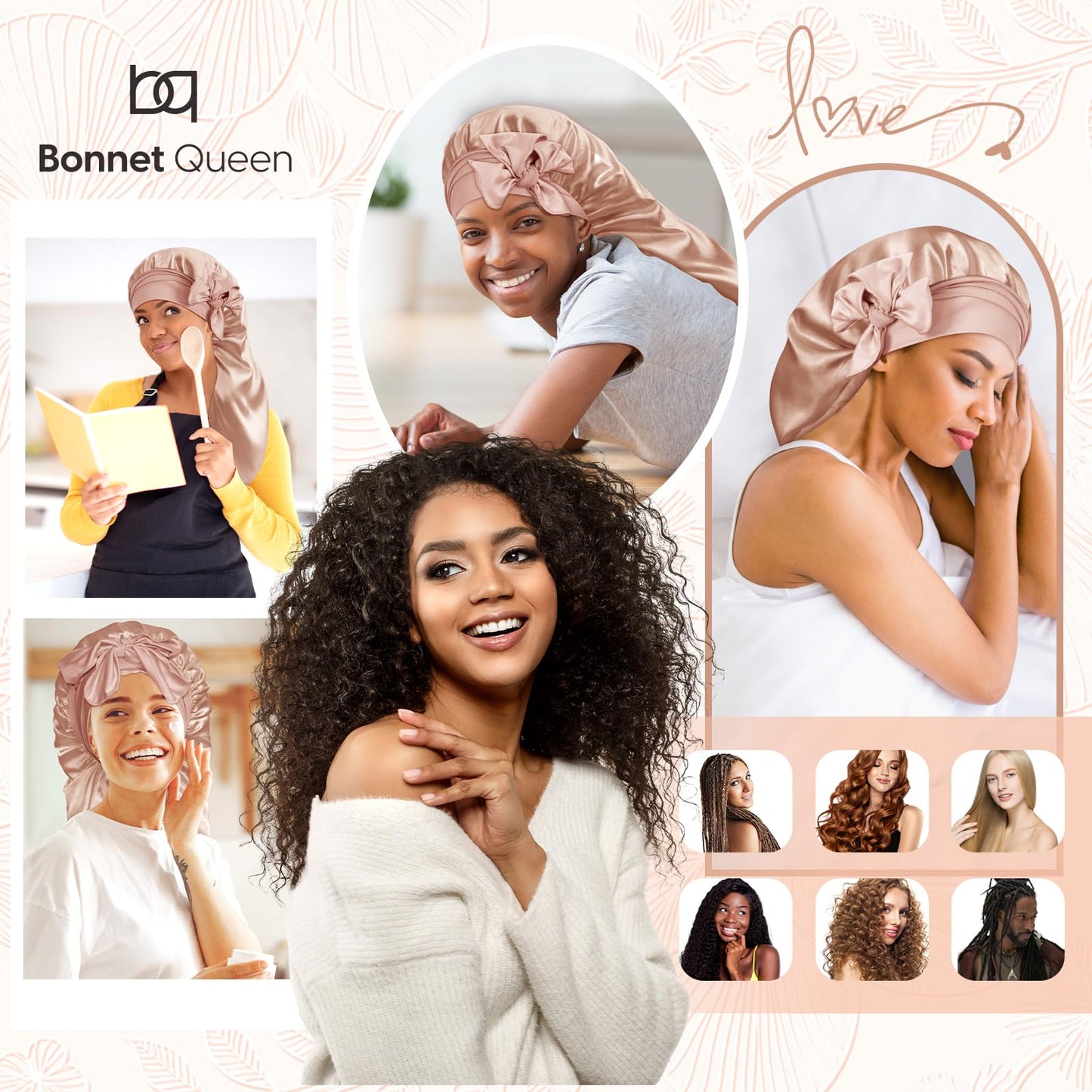 BONNET QUEEN Bonnet for Braids Silk Bonnet Satin Bonnet Braid Bonnet for Sleeping Large Long Hair Bonnet Sleep Cap with Tie Band Champagne