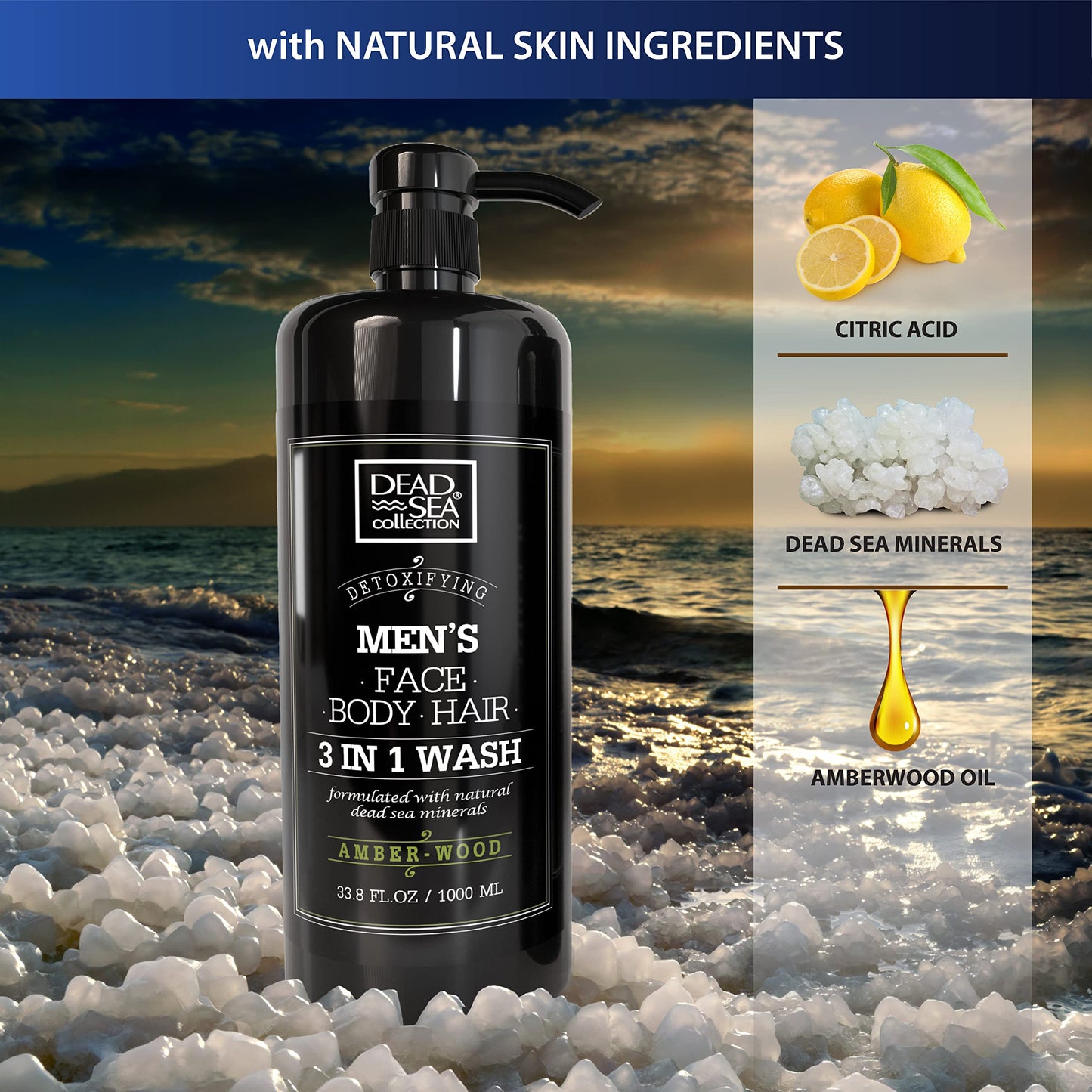 Dead Sea Collection Triple Bundle -Body wash 3 in 1 for man-SANALWOOD+AMBERWOOD+TOP 10 (6 Pc total)