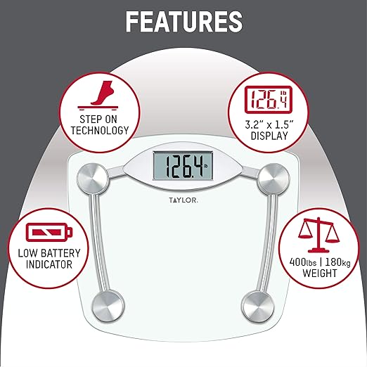 Taylor Digital Bathroom Scale, Highly Accurate Body Weight Scale, Instant On and Off, 400 lb, Sturdy Clear Glass with Chrome Finish Base