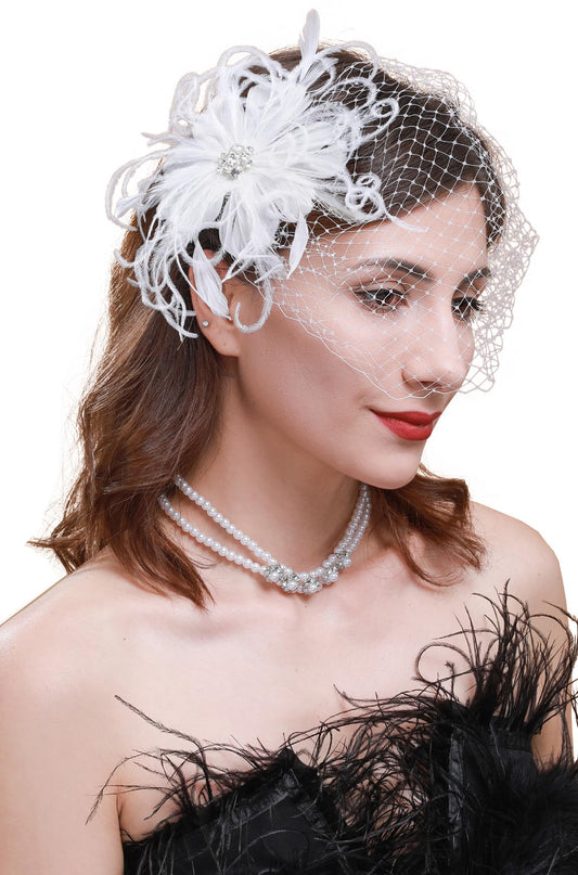 Cizoe 1920s Flapper Fascinator Mesh Face Veil Headband Bridal Wedding Tea Party Headwear with Veil for Women(G-Feather and Mesh White)