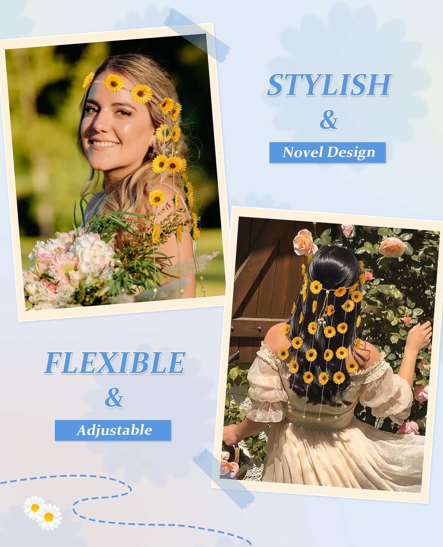 CHLINS Hippie Headband Flower Crown Bohemian Sunflower Headband Flower Headpiece Hippie Costume 60s 70s Outfits for Women (Yellow)