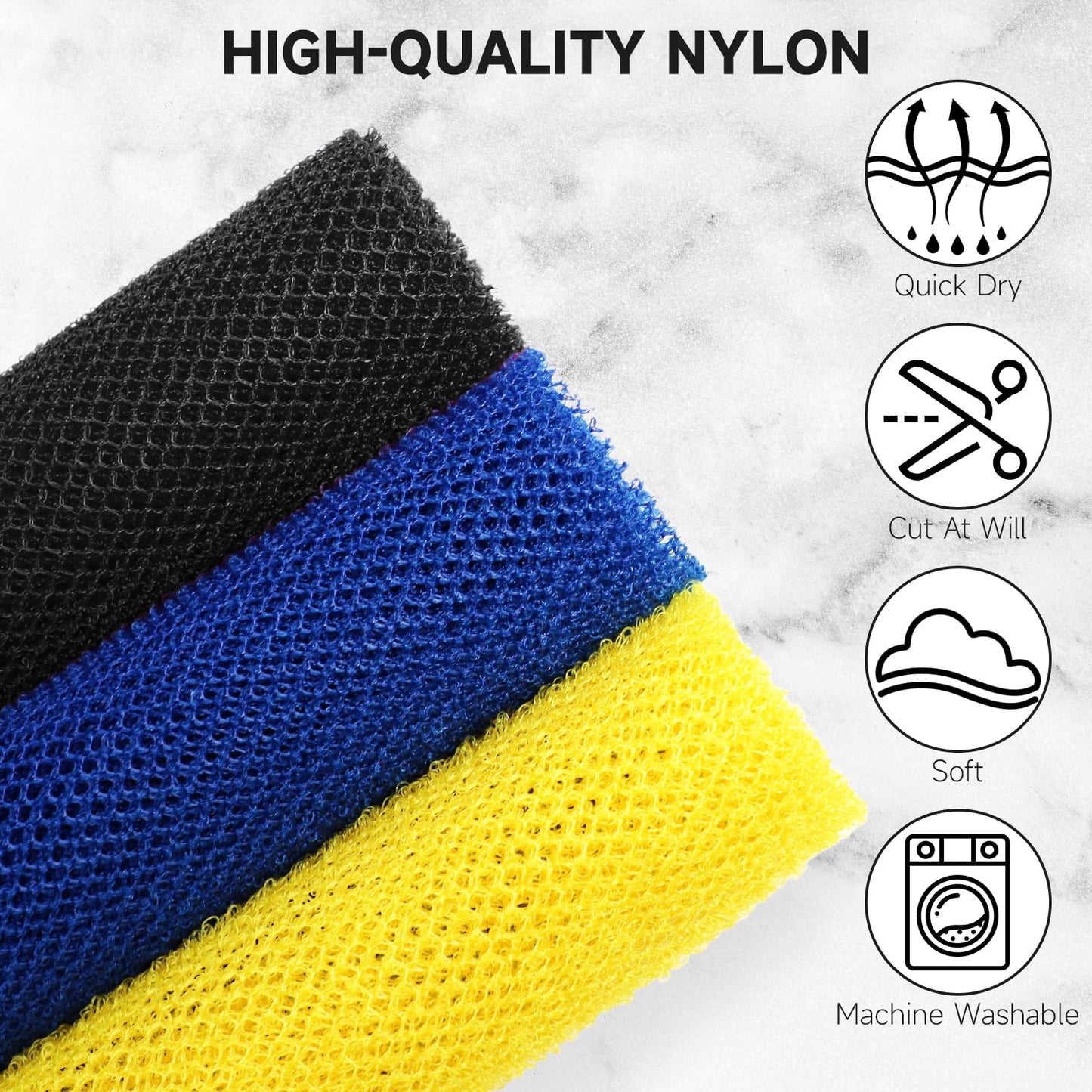 Metene 3 Pieces African Exfoliating Net, Colorful African Net Cloth, Long African Net Sponge Body Scrubber for Use in Shower, Bath Shower Wash Cloth for Skin Smoother Daily Use (Yellow,Blue,Black)