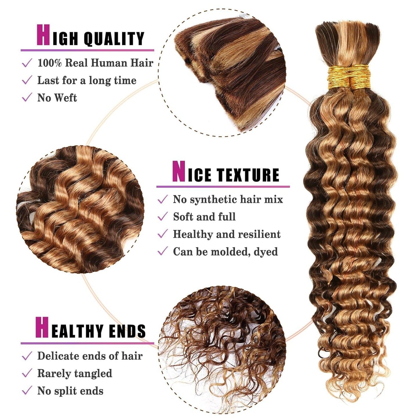 Human Braiding Hair 24 Inch Deep Wave Bulk P4/27 Human Hair for Braiding No Weft 2 Bundles 100g Curly Human Hair for Boho Braids 100% Unprocessed Brazilian Virgin Hair for Human Hair Extensions