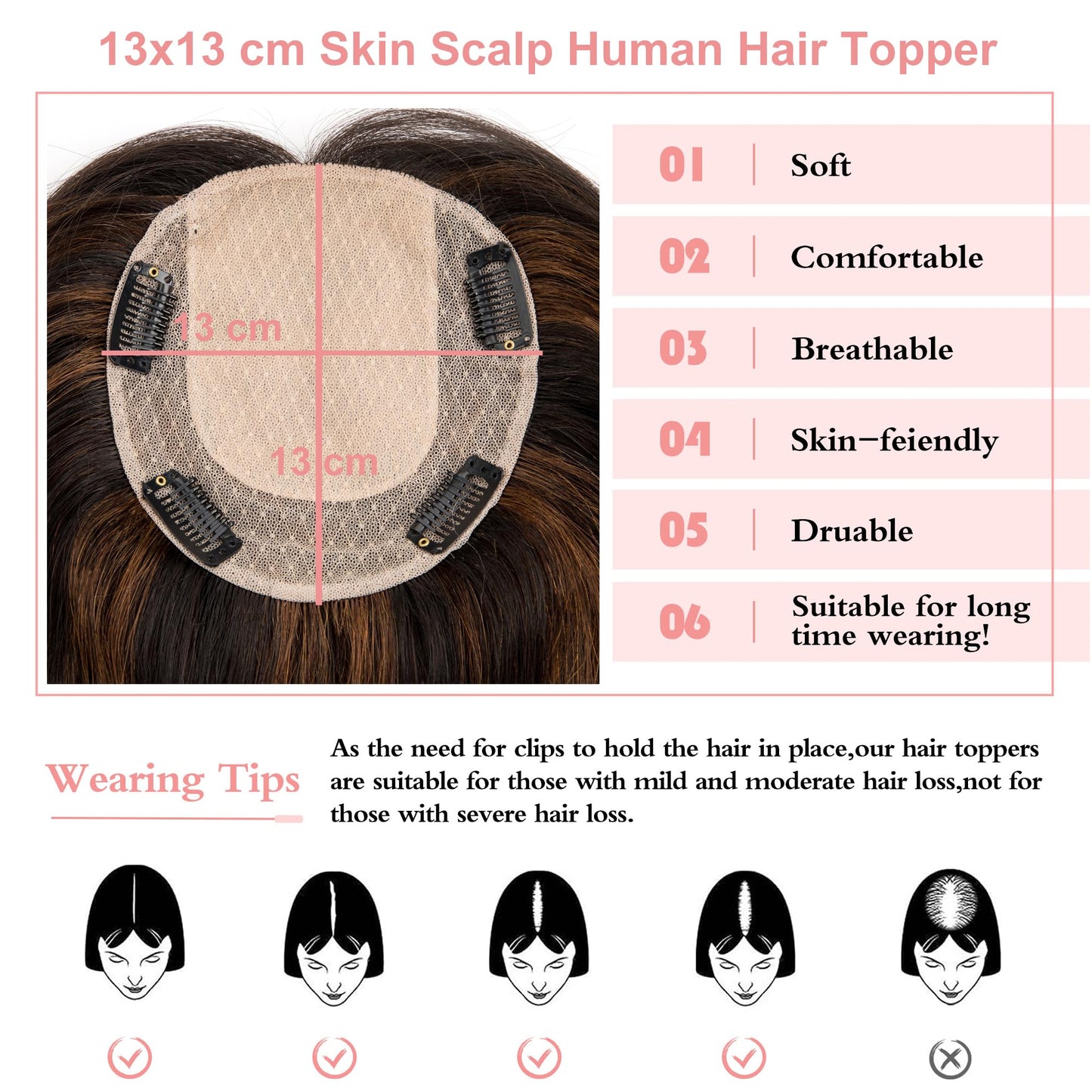 Lovenea Hair Toppers for Women Real Human Hair 14 inch Straight Human Hair Toppers with No Bangs 13X13 cm Skin Scalp Base for Thinning Hair Top Hair Pieces Remy Hair Topper (P1B/4#, 14 Inch)