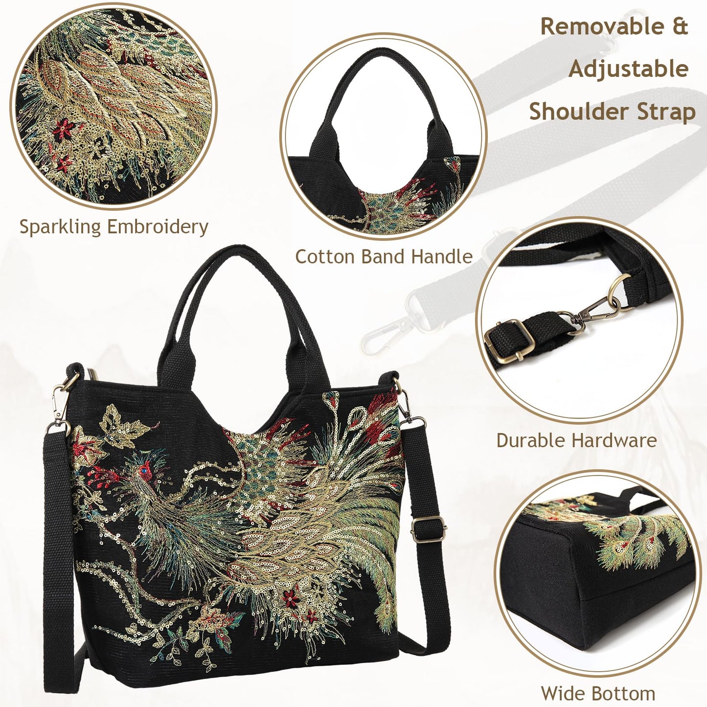 Jursccu Small Tote Handbag Sequins Embroidery Crossbody Bags for Women Casual Shoulder Bags (Black)