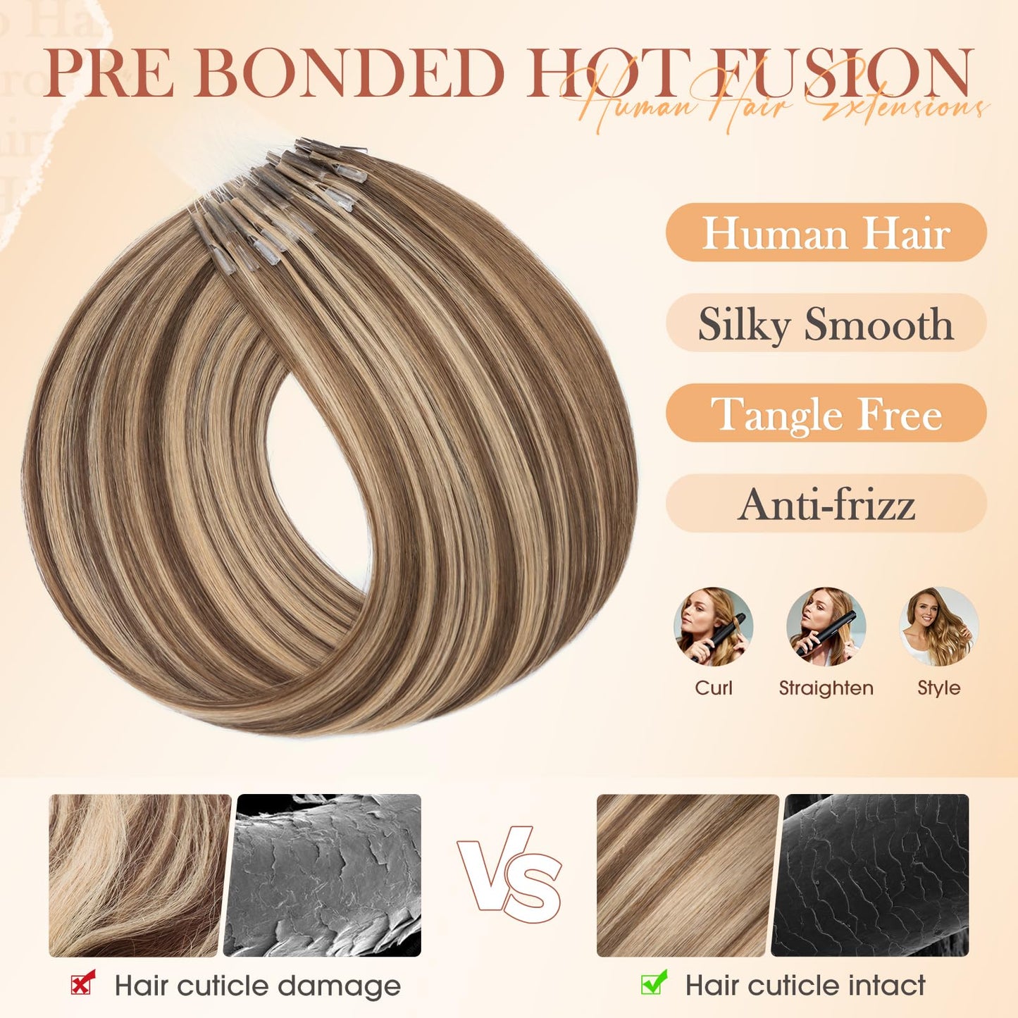 Hairro U Tip Human Hair Extensions Micro Ring Keratin Glue U-tip Hot Fusion Remy Hair Balayage Highlight Color 20 inch 50g 50 Strands #4YP27 Medium Brown Mixed with Dark Blonde