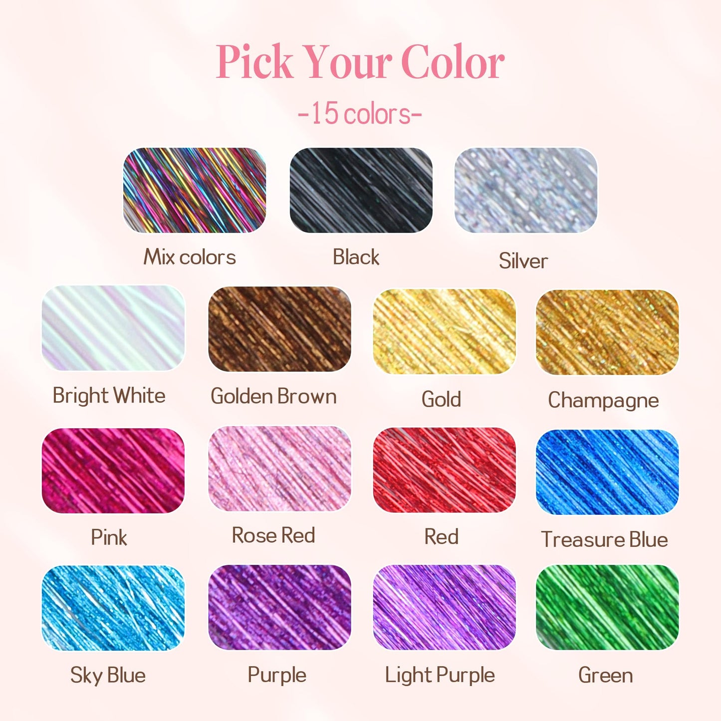 GOO GOO Clip in Hair Tinsel 24 Inch-6pcs Rainbow 7 Mixed Colors Fairy Glitter, Heat Resistant Clip-In Sparkle Strands, Dazzling Glitter Tinsel for Women & Girls, Perfect for Parties, Christmas
