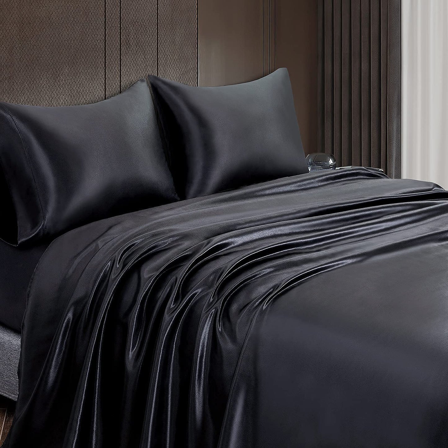 Homiest 4pcs Satin Sheets Set Luxury Silky Satin Bedding Set with Deep Pocket, 1 Fitted Sheet + 1 Flat Sheet + 2 Pillowcases (Queen Size, Black)
