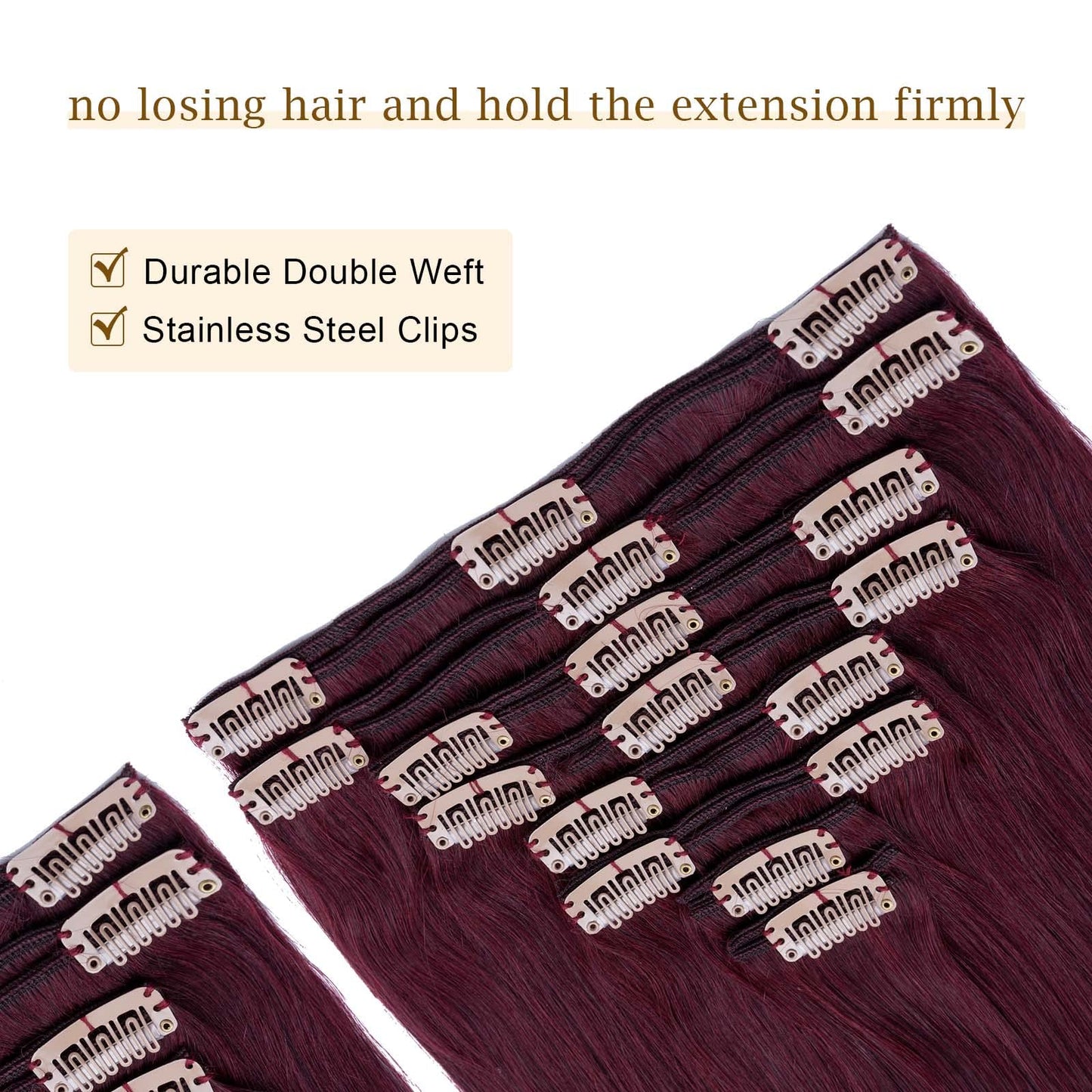 MY-LADY Double Weft 100% Clip in Remy Human Hair Extensions #99J Wine Red 10''-24'' Full Head Thick Long Soft Silky Straight 8pcs 18clips for Women 16 inch 130g