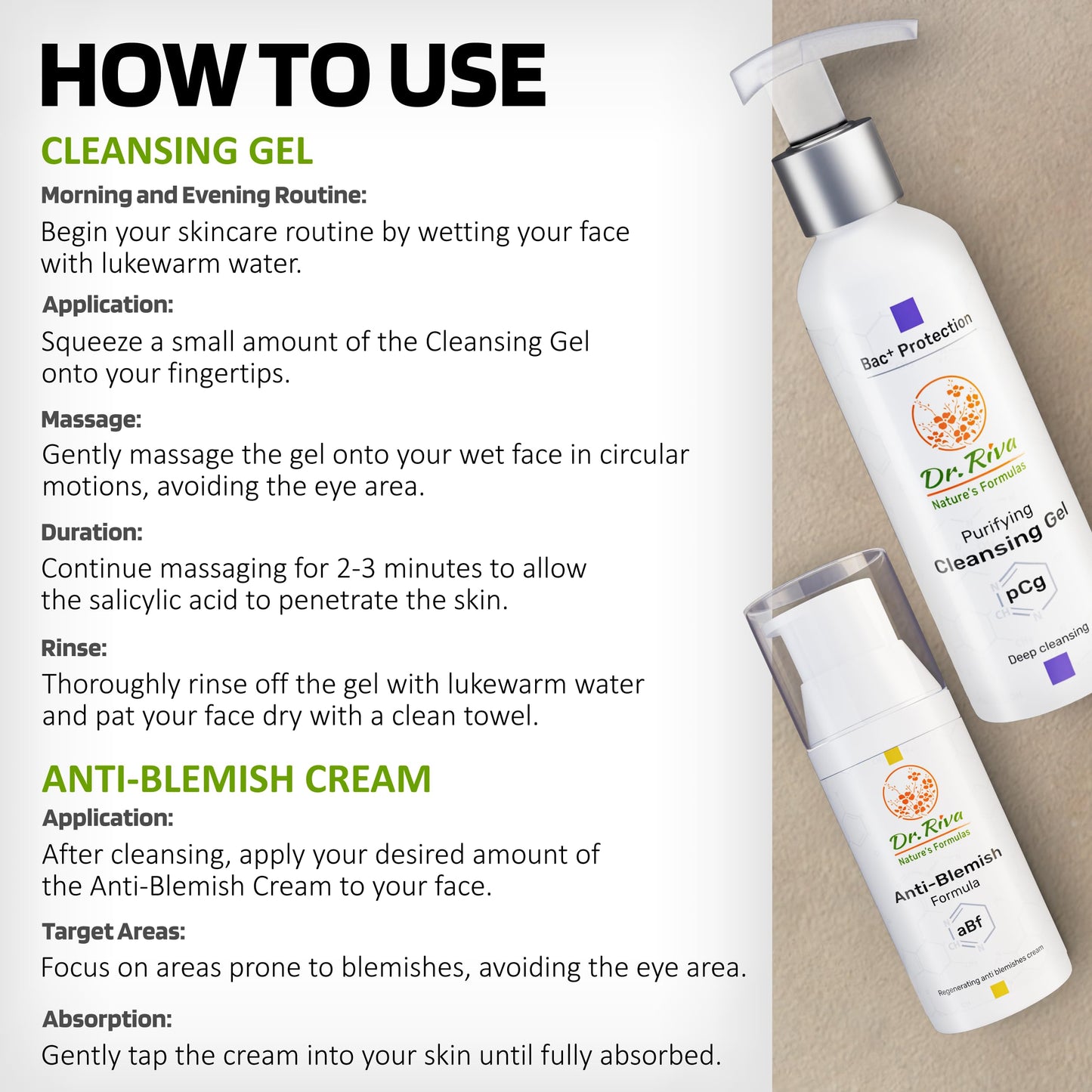 Dr. Riva Nature's Formula Regenerating Blemish Cream + Purifying Gel Cleanser - Acne Repair Blemish Removal Cream, Deep Skin Face Cleanser - Blemish Removal Cream & Skin Balancing Care - 50 ml & 150ml