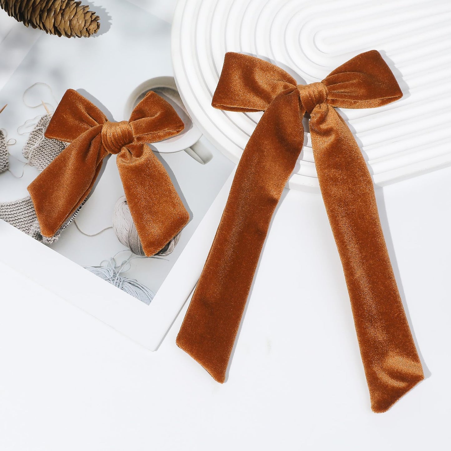 Soft Velvet Hair Bows for Toddler Girls - 2 Sizes (5" & 3.5") Long Ponytail Knot Bows with Alligator Clips - Hair Accessories for Little Kids, Orange & Brown