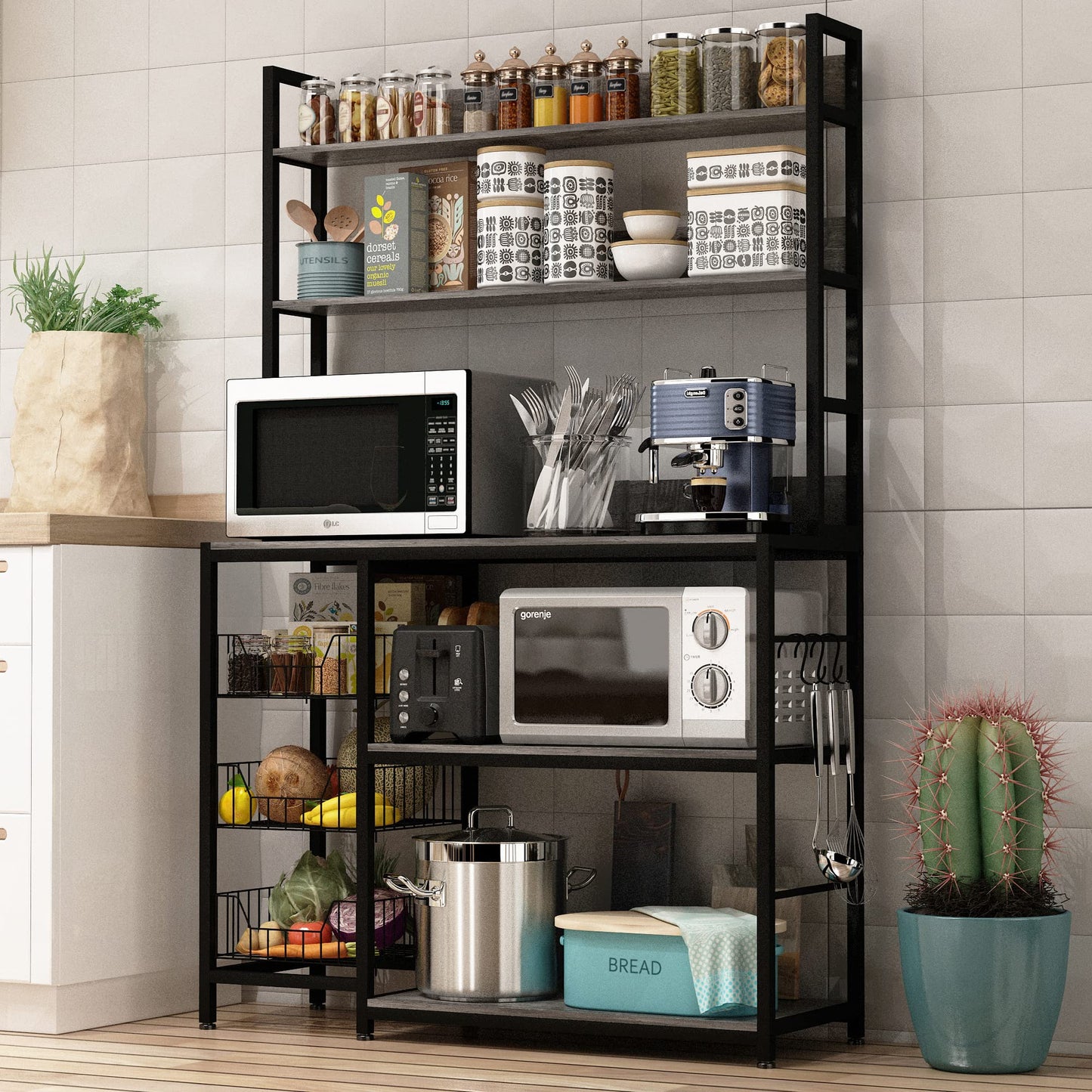 Chnnmbrn Kitchen Bakers Rack with Baskets,Free Standing Shelf,5-Tier Kitchen Utility Storage Shelf with Hooks, Microwave Oven Stand Rack Grey