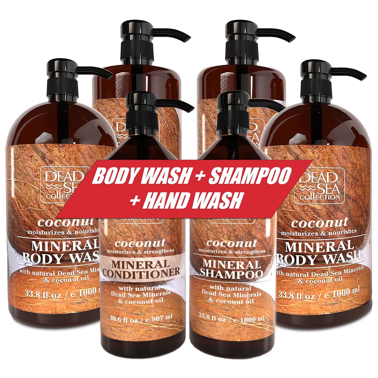 Dead Sea Collection- Coconut Body Wash - Pack of 2 (67.6 fl. oz) and Coconut Hand Soap - Pack of 2 (67.6 Fl. Oz) and Shampoo and Conditioner and Pack of 2 (67.6 fl. oz) Mega BUNDLE