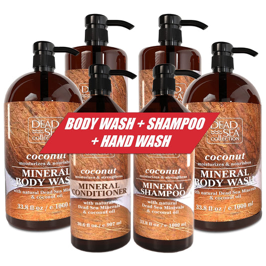 Dead Sea Collection- Coconut Body Wash - Pack of 2 (67.6 fl. oz) and Coconut Hand Soap - Pack of 2 (67.6 Fl. Oz) and Shampoo and Conditioner and Pack of 2 (67.6 fl. oz) Mega BUNDLE