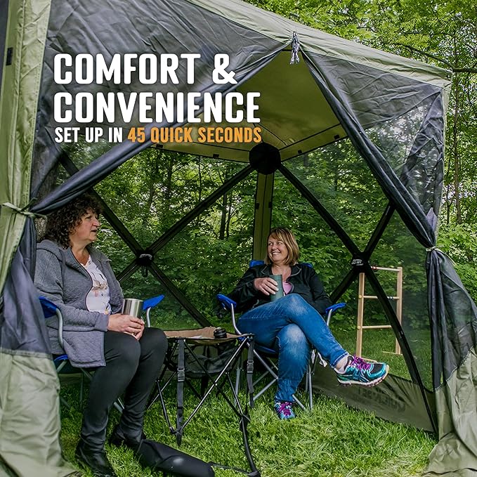 CLAM Pop Up Screen Tent, Outdoor Camping Gazebo Canopy, Traveler, 6', Green/Tan