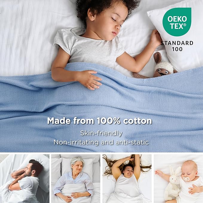 Bedsure 100% Cotton Blanket Queen Size for Bed - Breathable and Lightweight, Soft Cozy Textured Herringbone Woven Blanket for Summer Spring, Ashley Blue, 90x90 inches