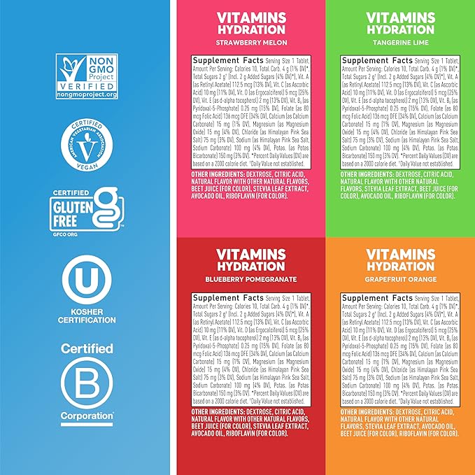 Nuun Vitamins Electrolyte Tablets with Vitamin D, C, E, A, & B6, Folic Acid, Magnesium & 4 Other Essential Electrolytes, Gluten Free & Vegan, Mixed Fruit, 4 Pack (48 Servings Total)