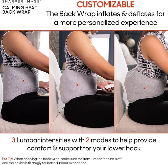 Calming Heat Back Wrap by Sharper Image- Electric Back Heating Pad with Customizable Inflatable Lumbar Support, Soothing Heat, & Massaging Vibrations- 9 Settings 3 Heat, 3 Vibration, 3 Lumbar
