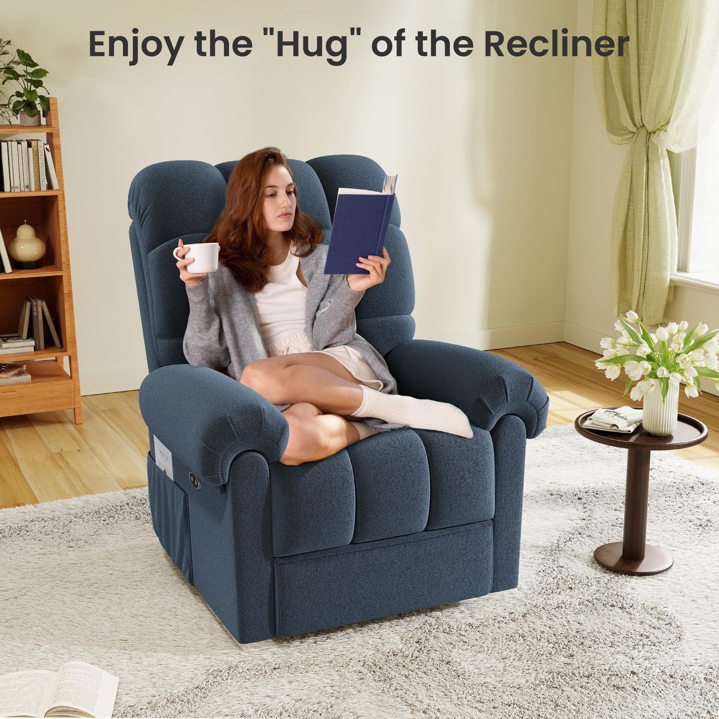 Welzona Updated Power Recliner Chair, Adjustable Electric Recliner Chair for Adults, Ultra-Comfy Teddy Fleece Recliner Chair for Small Space, Tool-Free Assembly, 2 Side Pockets and USB Port, Blue Gray