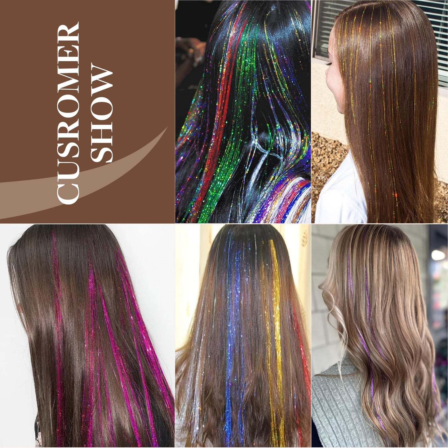 GOO GOO Hair Tinsel Extension, 1200 Strands of 48 Inch, 6 pcs Heat Resistant Glitter Highlights for Hair, Sparkling Glitter Strands for Women & Girls, Ideal for Christmas & Cosplay Parties (Purple)