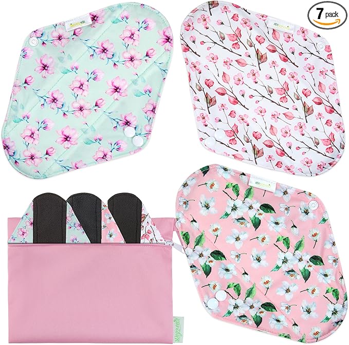 wegreeco Charcoal Reusable Menstrual Pads - Reusable Sanitary Pads | Reusable Panty Liners | Soft Cloth Menstrual Pads - 6 Pack with 1 Cloth Mini Wet Bag (M, Cherry Blossoms)