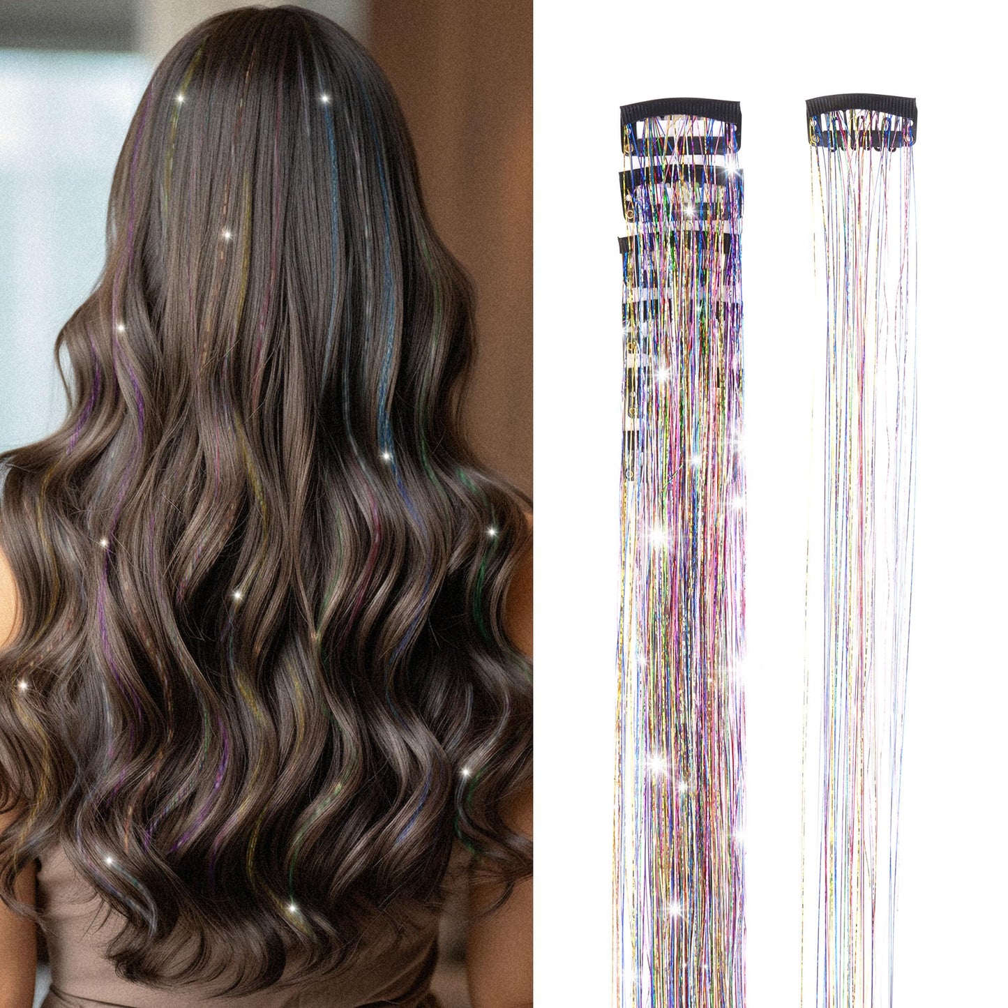 GOO GOO Clip in Hair Tinsel 24 Inch-6pcs Rainbow 7 Mixed Colors Fairy Glitter, Heat Resistant Clip-In Sparkle Strands, Dazzling Glitter Tinsel for Women & Girls, Perfect for Parties, Christmas