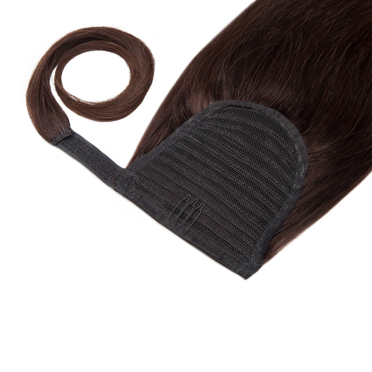 Human Hair Ponytail Extensions Dark Brown Wrap Around Ponytail Human Hairpiece for Women 20 Inch Long Straight Magic Paste Binding Pony Tail Clip in with Comb #2