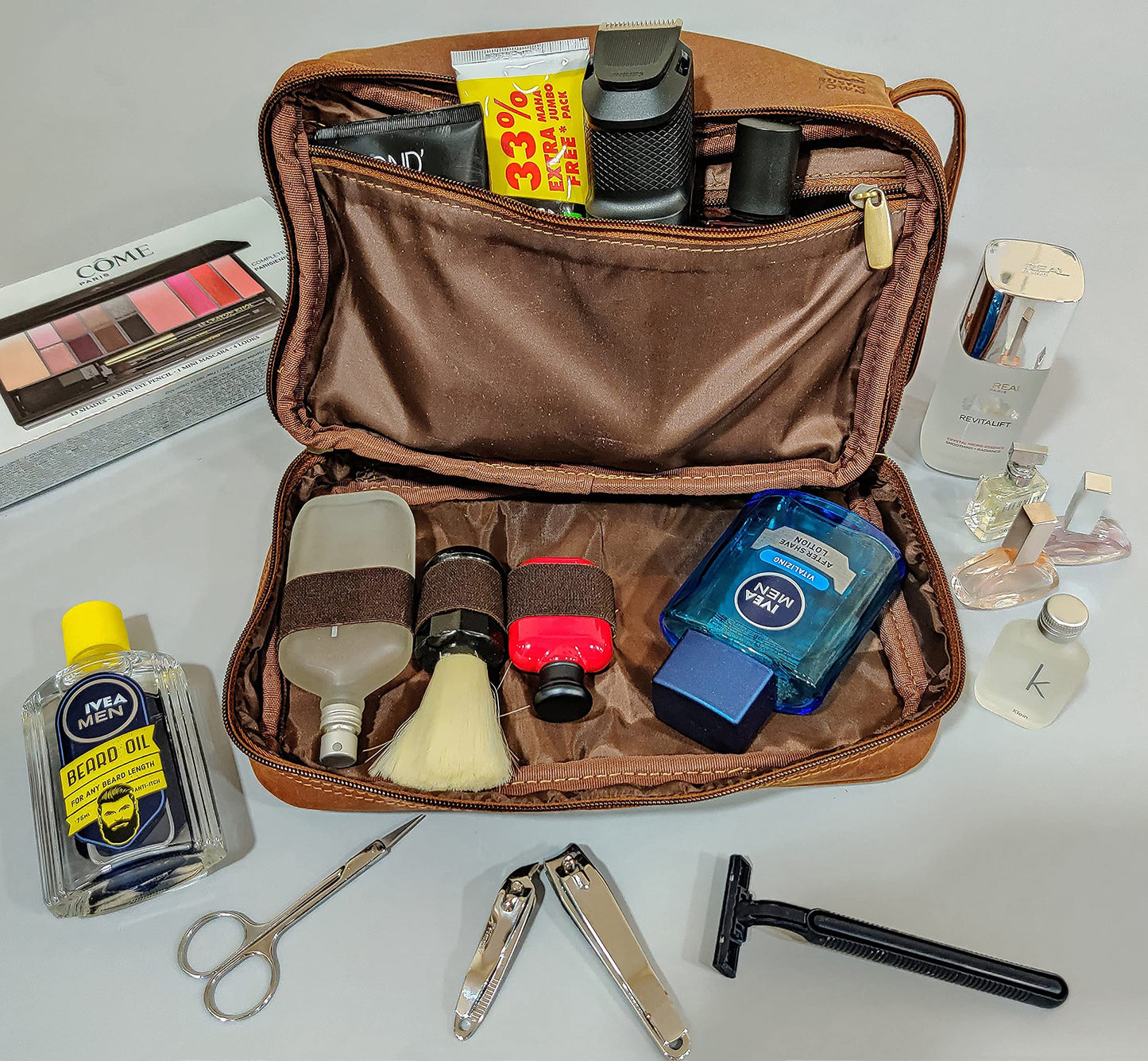 RUSTIC TOWN Handmade Quality Leather Toiletry Bags Combo - The Best Masculine Travel Gift For Men and Women