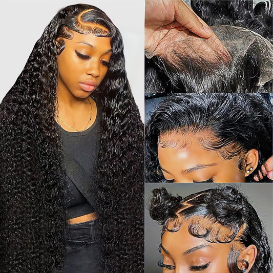 Deep Wave Wig Human Hair Brazilian 13x4 Lace Front Wigs Human Hair Pre Plucked Glueless Deep Curly Lace Frontal Wig 180% Density Virgin Human Hair with Baby Hair 24 Inch