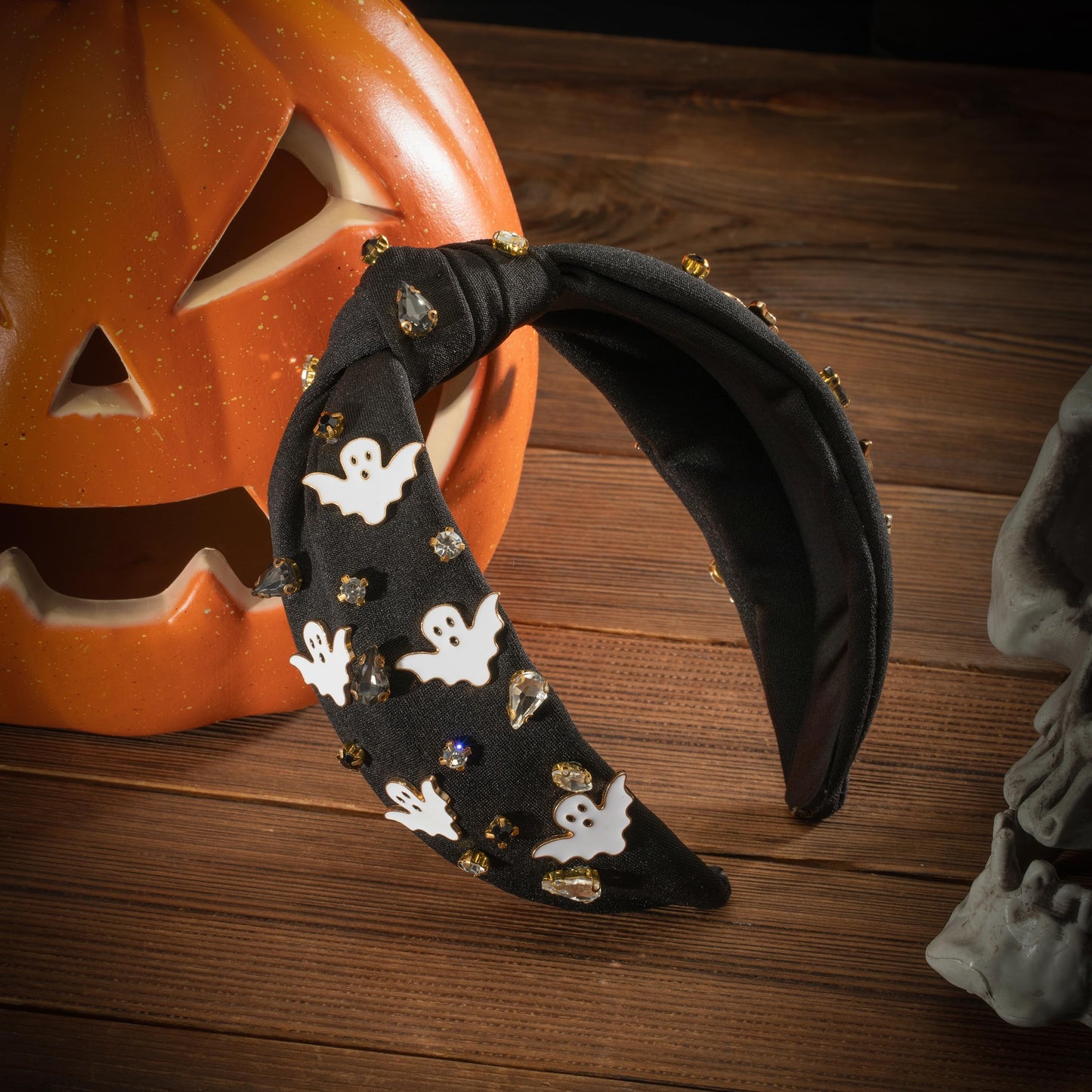Halloween Ghost Black Headband for Women Halloween Black White Rhinestone Jeweled Knotted Headband Holiday Sparkly Crystal Embellished Mixed Top Hairband Makeup Hair Hoop Gifts(crystal-ghost)