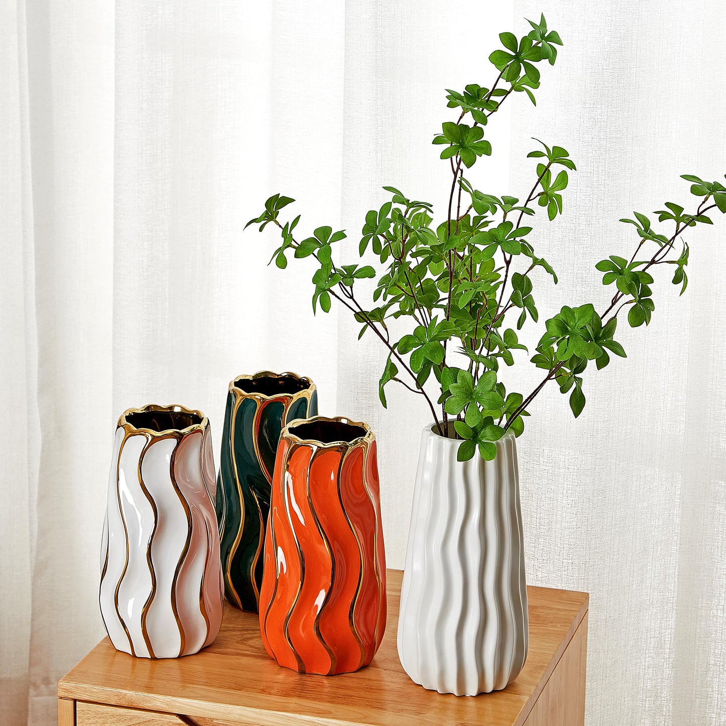 OTARTU Ceramic Vase, White Vase for Home Decor,Decorative Flower Vase, Vertical Stripe Ceramic Vases for Home Décor, Bedroom, Office, Living Room, Bathroom, Tabletop Decor, Centerpiece (White)