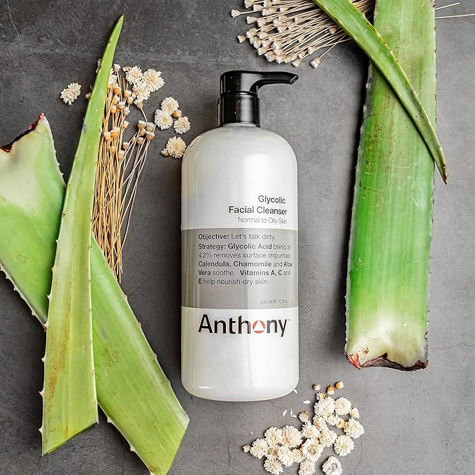 Anthony Glycolic Facial Cleanser for Men, Daily Exfoliating & Hydrating Face Wash, Shave Prep, Non-Foaming, Deep Cleansing, Gentle on Sensitive Skin, Removes Dirt & Oil, Smooths Texture, 32 Fl Oz