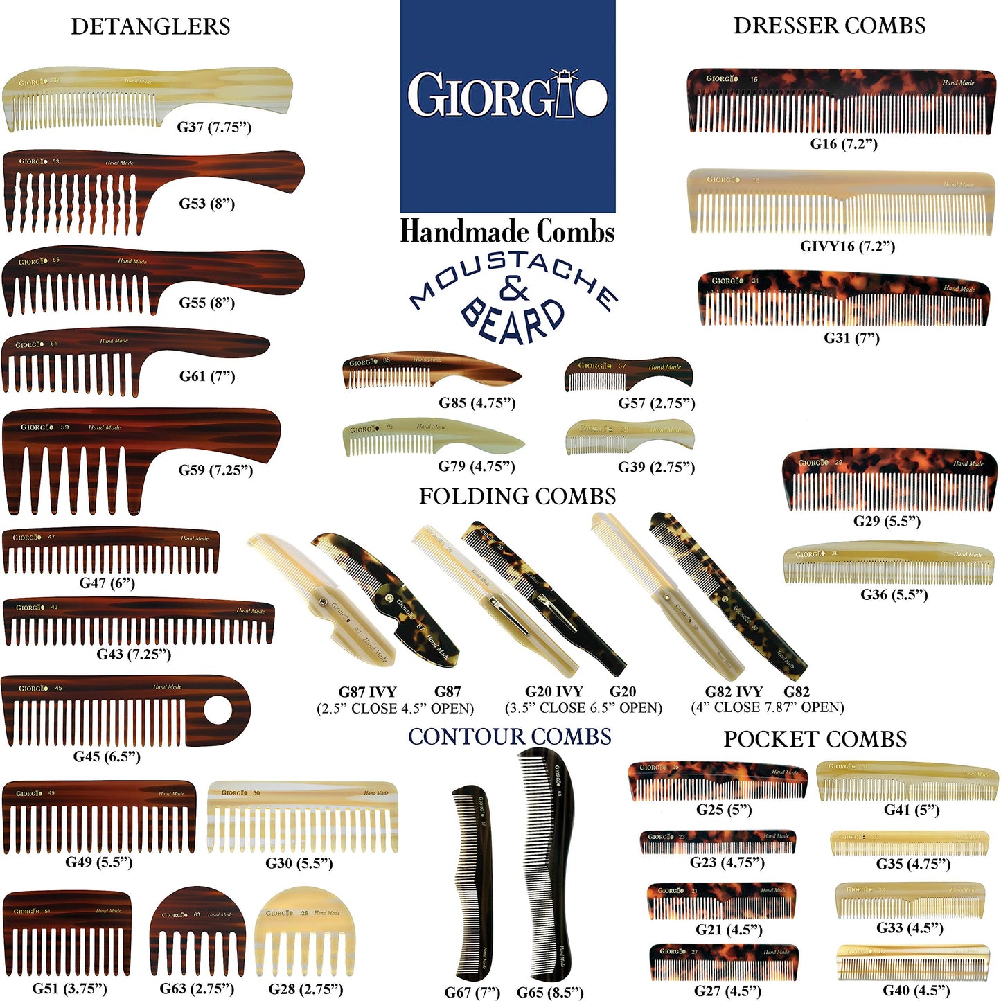 Giorgio G16 Fine Tooth Comb and Wide Tooth Comb Detangler Handmade Hair Comb, Mens Hair Comb for Men and Detangler Comb for Women, Hair Styling Barber Comb and Detangling Comb