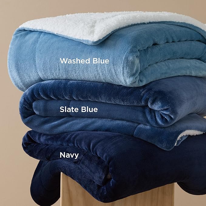 Bedsure Sherpa Fleece Blankets Queen Size for Bed - Thick and Warm, Soft Fuzzy Plush Queen Blanket for Winter, Navy, 90x90 Inches