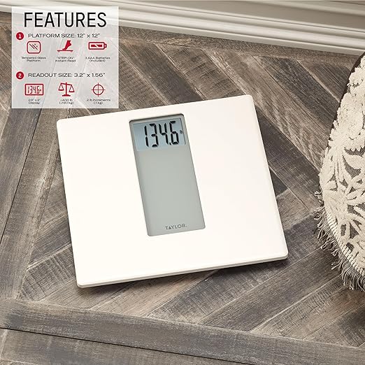 Taylor Digital Glass Bathroom Scale for Body Weight, 400 lb Capacity, Durable Tempered Glass Platform and Easy to Read, White