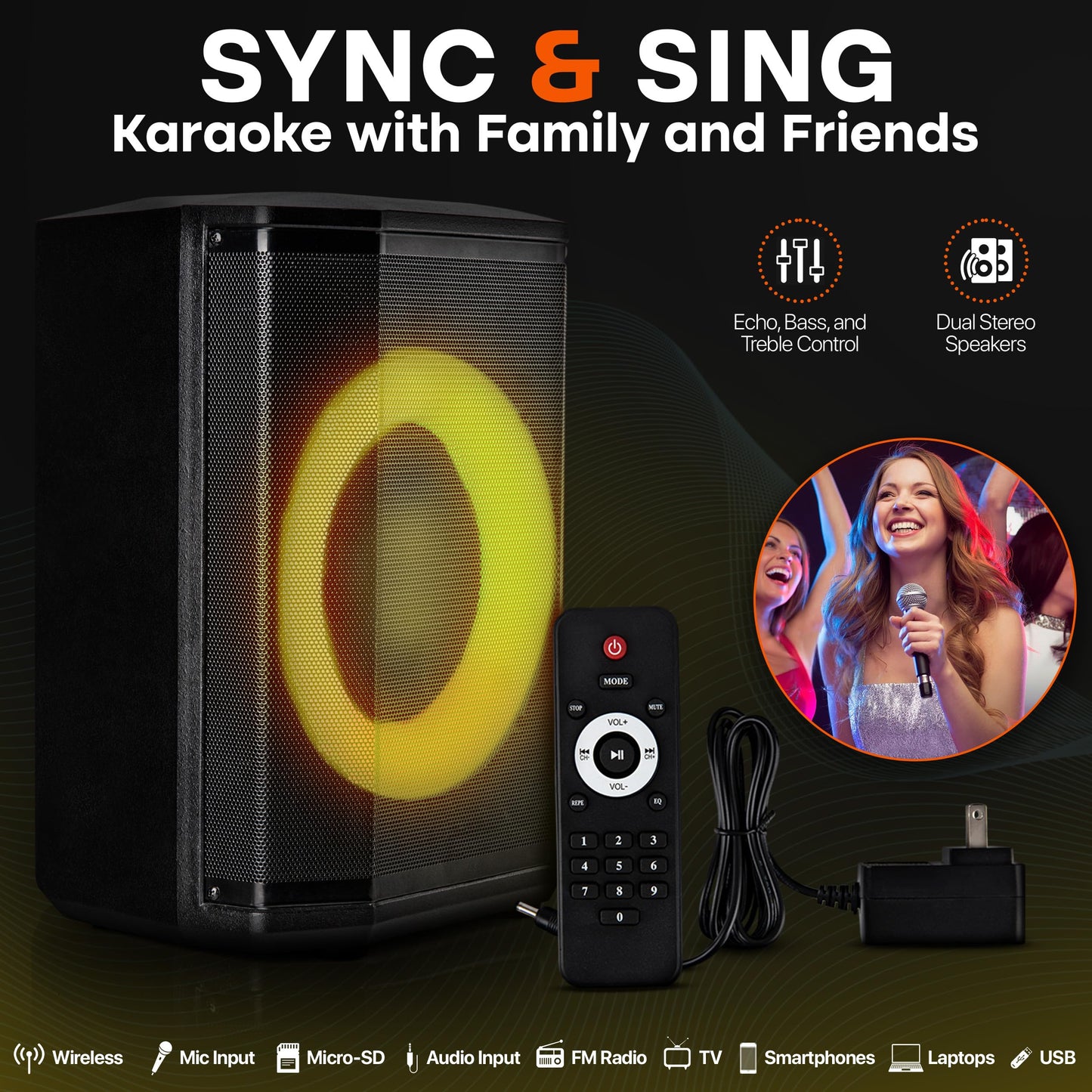 Pyle Portable Bluetooth Speaker with 8" Inch Woofer, TWS Function, Mic Input, USB/Micro SD/FM Radio, Colorful Ring Lights, 120W Rechargeable Battery, Tripod Stand, Hi-Fi Sound, Indoor/Outdoor Use