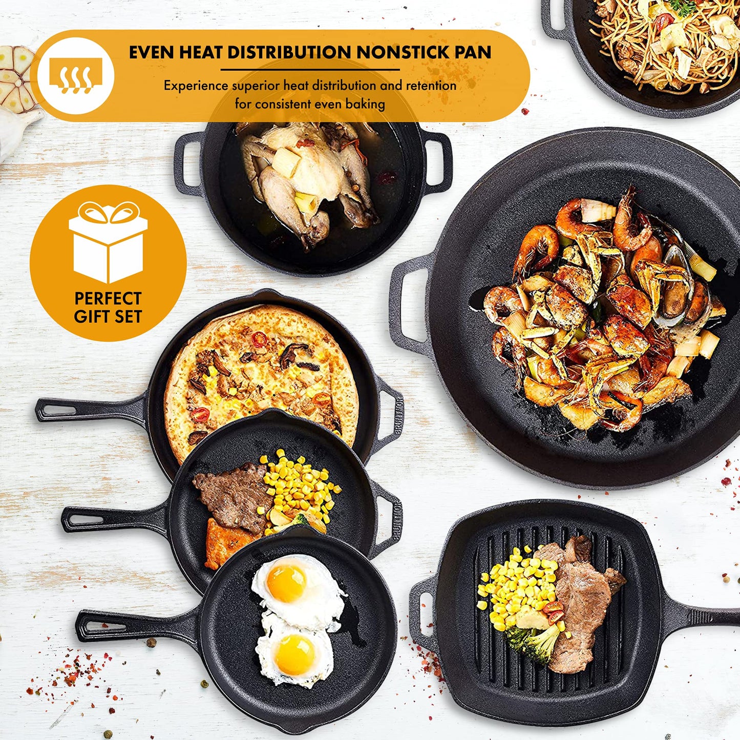 Bruntmor Pre-Seasoned Cast Iron Cookware Set - 8-Piece Bundle with Skillets, Grill Pan, Dutch Oven, Pizza Pan, and Utensils - Durable Pots and Pans Set for Cooking - Ideal Gift for Home or Camping