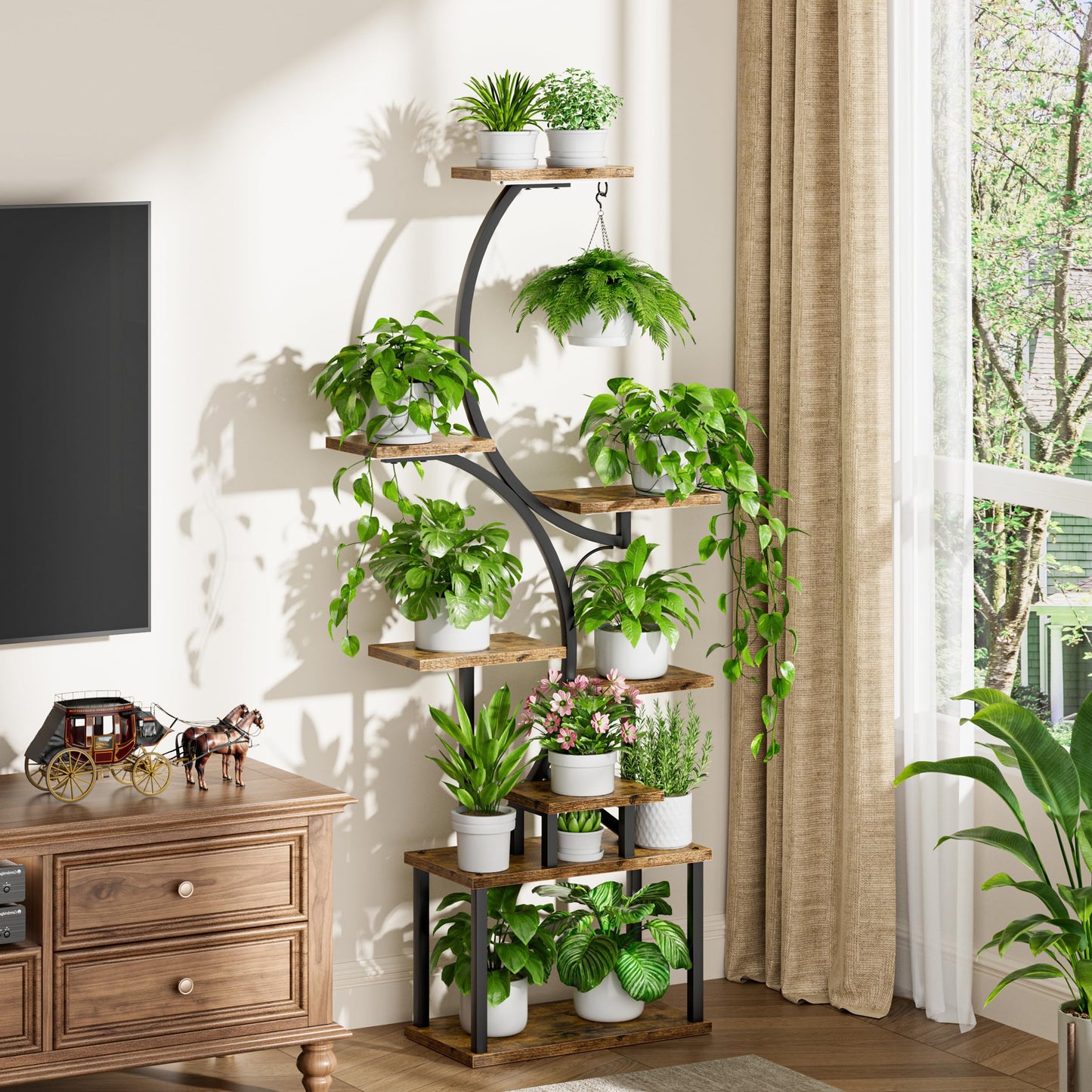 Plant Stand Indoor with Grow Lights - 62" Tall Plant Shelf, Lighted Corner Plant Stands for Indoor Growing, 8 Tiered Large Flower Holder, S-Shaped Decorative Rack for Living Room, Black, Patent Design