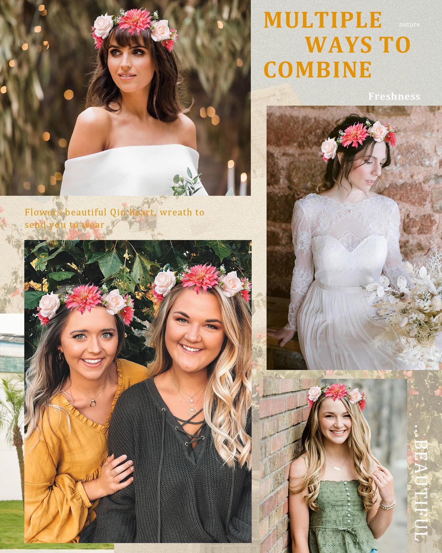 CHLINS Flower Crown Bridal Flower Headbands for Women Bohemian Floral Crown with Ribbon Hair Wreath Floral Headpiece for Wedding Birthday Party Fairy Crown (Champagne + Orange)