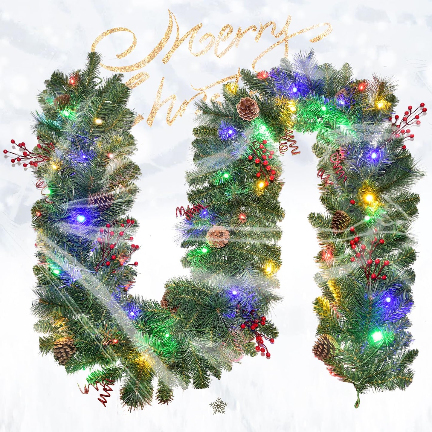 Christmas Garland with Lights 9FT, Battery Powered 50 LED Lights, 8 Lighting Modes, Red Berry, Pine Cone for Stairs, Front Door, Christmas Decor