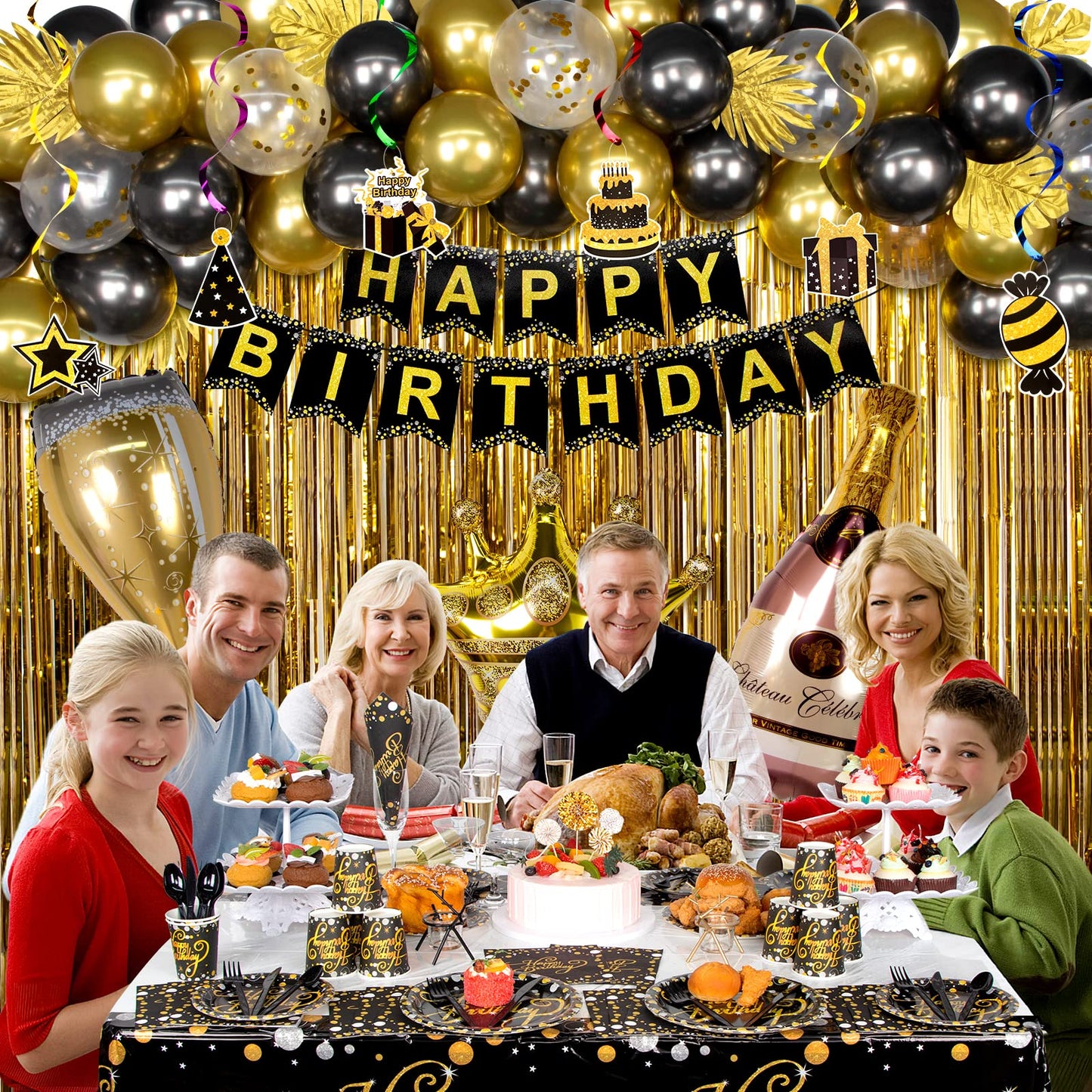 HJINGY Black and Gold Birthday Party Decorations, Happy Birthday Party Supplies for Men Women Includes Balloons, Curtains, Banner, Hanging Swirls, Tablecloth, Plates, Cake Toppers for Party