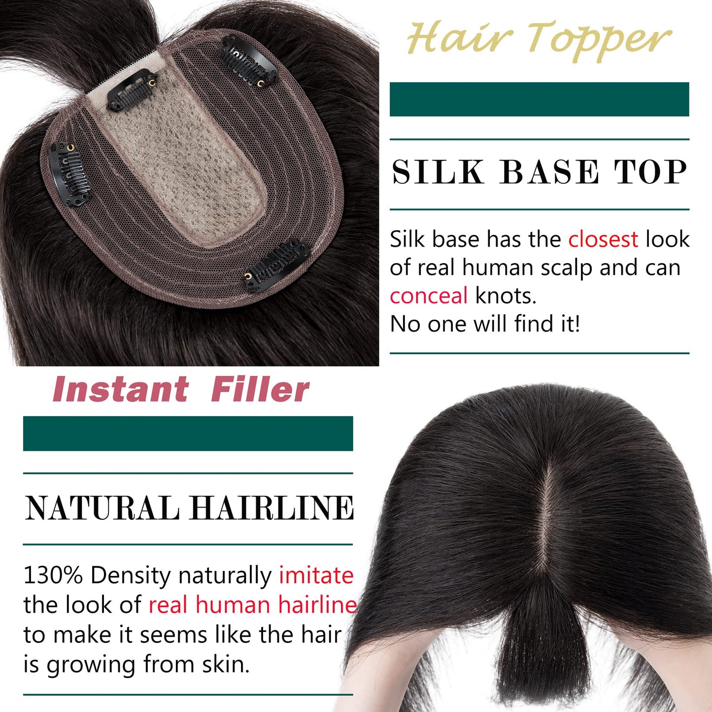 S-noilite 130% Density Human Hair Toppers with Bangs Hand Tied Silk Base Clip In Topper Top Hair Pieces For Women with Thinning Hair/Hair Loss Cover Gray Hair 10Inch 35g-Natural Black