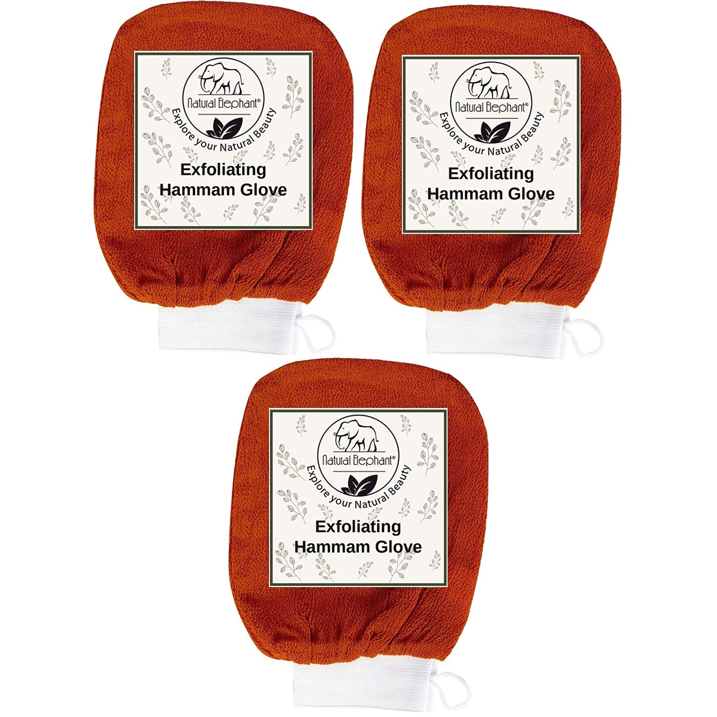 Natural Elephant Exfoliating Hammam Glove - Face and Body Exfoliator Mitt (Burnt Orange (Pack of 3))